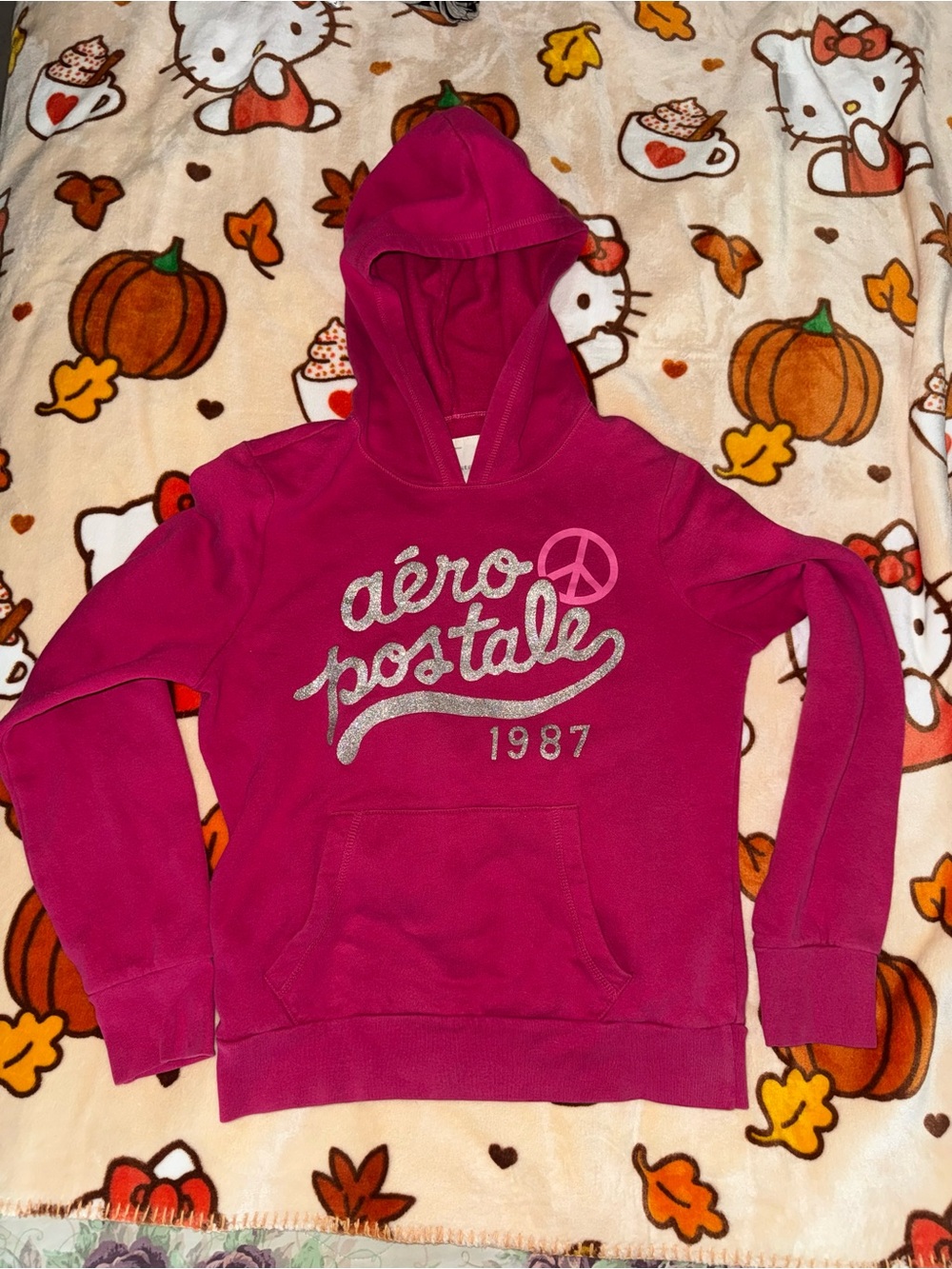 pink Aeropostale Hoodie Sweater with silver glitter logo and peace sign! - 1987